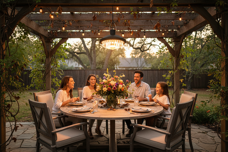 Solar LED pendant light illuminating American backyard pergola with outdoor dining table at evening | NoxLumin