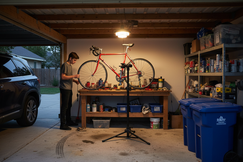 Solar LED pendant light in American suburban carport with bicycle repair workbench | NoxLumin