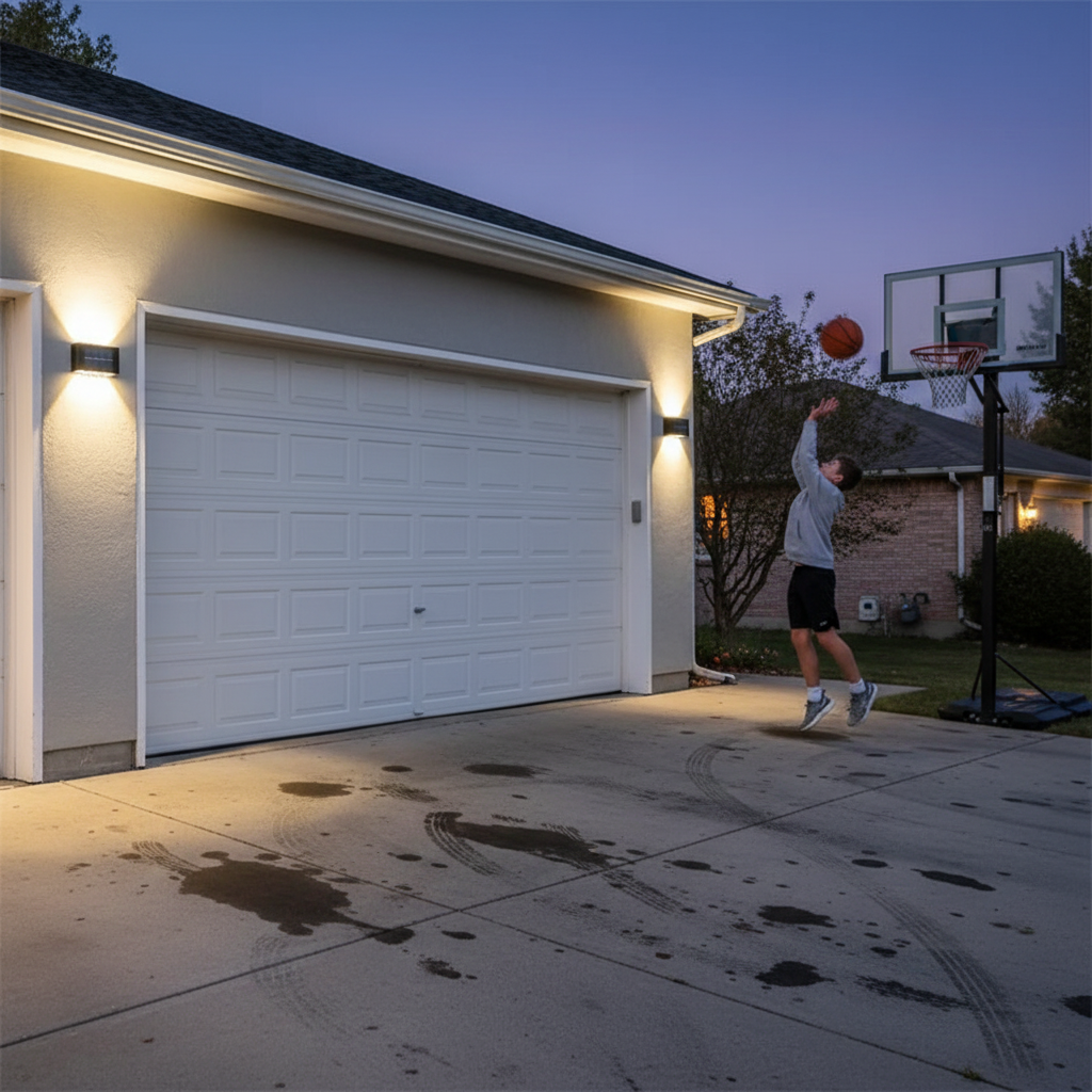Solar LED wall lamps beside garage door at dusk | NoxLumin