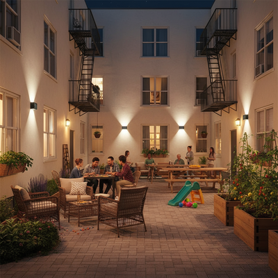 Solar LED wall lamps in apartment courtyard at night