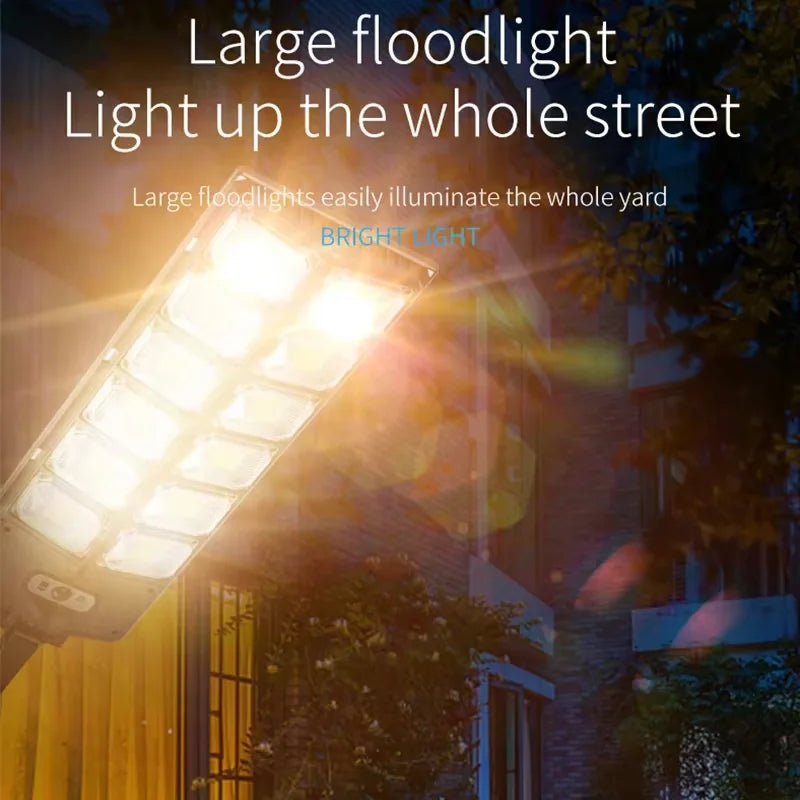 Close-up product view of a commercial solar light showing the large LED panel and integrated solar charging surface