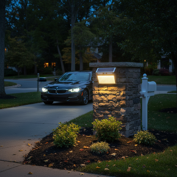 Solar light on driveway entrance pillar | NoxLumin