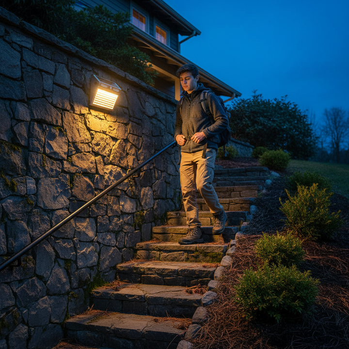 Solar light on hillside stairs | NoxLumin