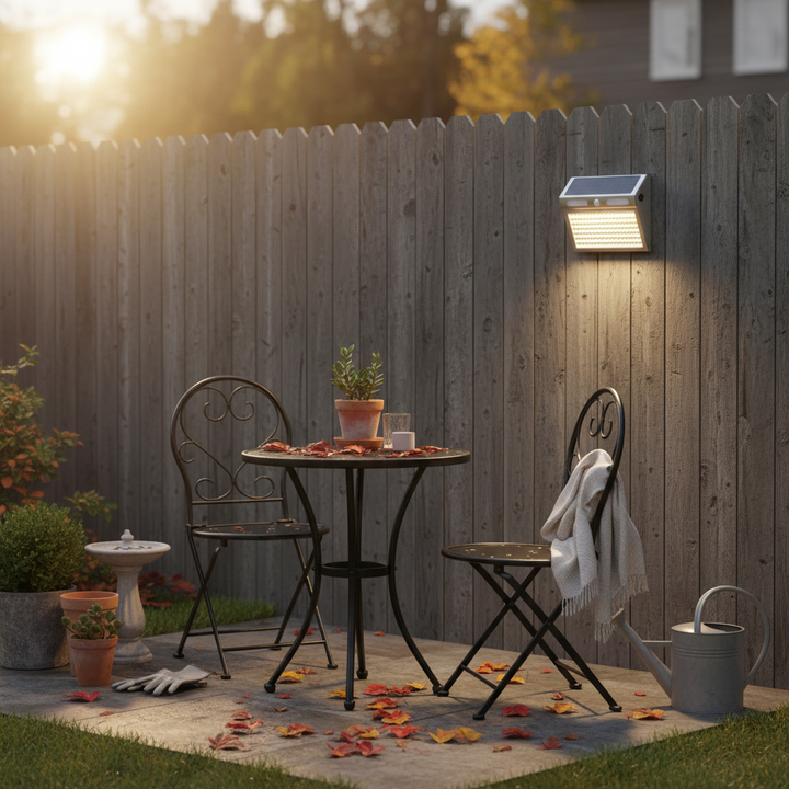Solar light on patio fence during golden hour | NoxLumin