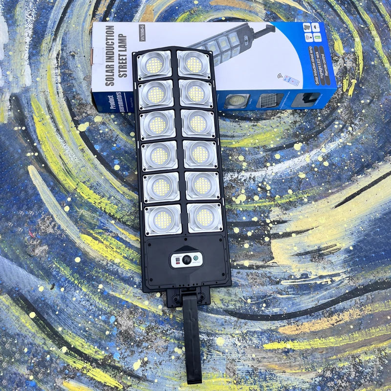Commercial solar lighting feature graphic showing remote control for brightness, timer and automatic lighting operation