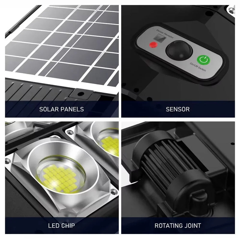 Commercial solar LED light demonstrating wide-angle illumination for yards, gardens, gates and building exteriors