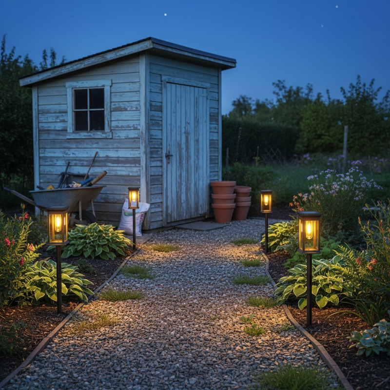Solar lights along gravel path to garden shed at dusk | NoxLumin