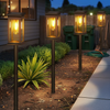 Solar lights along side yard walkway with realistic home setting