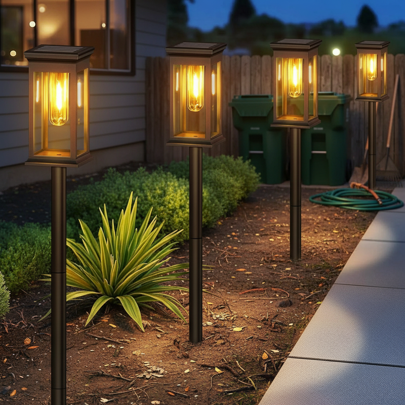 Solar lights along side yard walkway with realistic home setting | NoxLumin