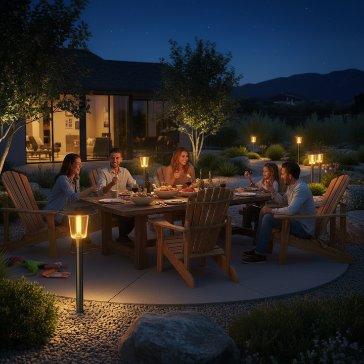 Solar lights around fire pit | NoxLumin