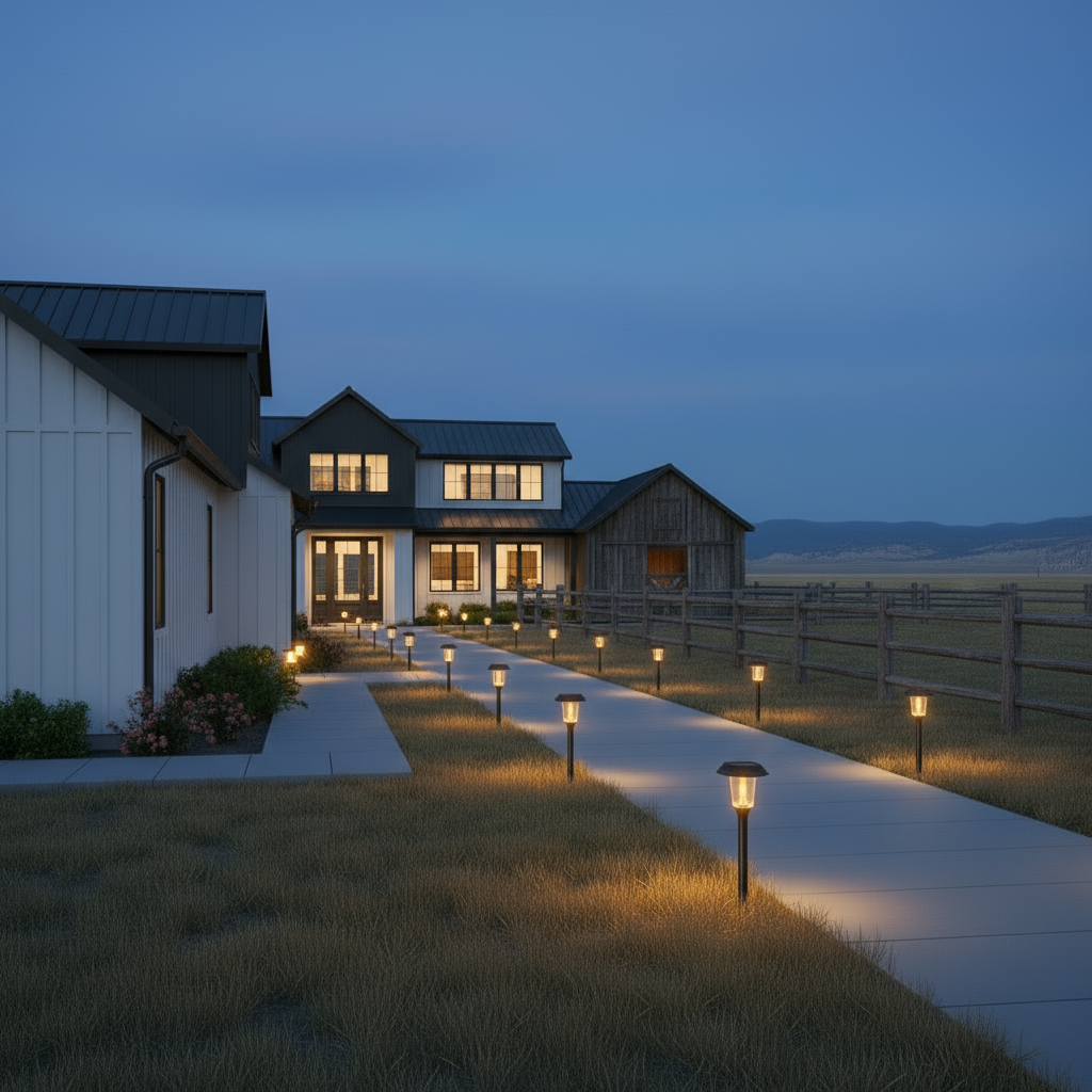 Solar lights at modern farmhouse | NoxLumin