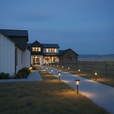 Solar lights at modern farmhouse