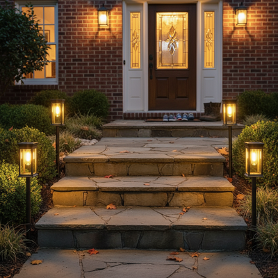 Solar lights illuminating stone steps to home entrance at night