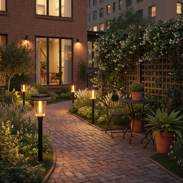 Solar lights in urban courtyard | NoxLumin