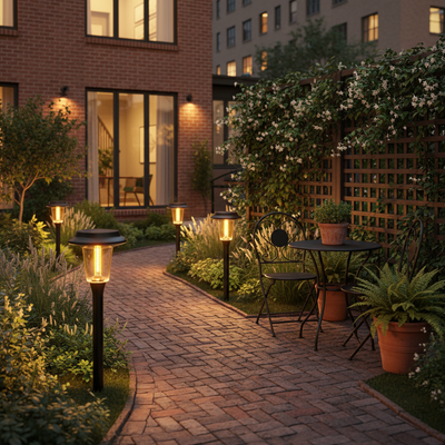 Solar lights in urban courtyard