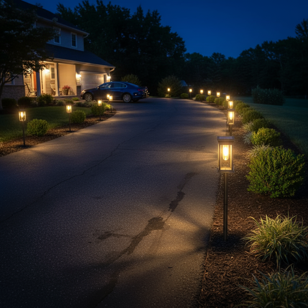 Solar lights lining driveway edge at night with parked car | NoxLumin