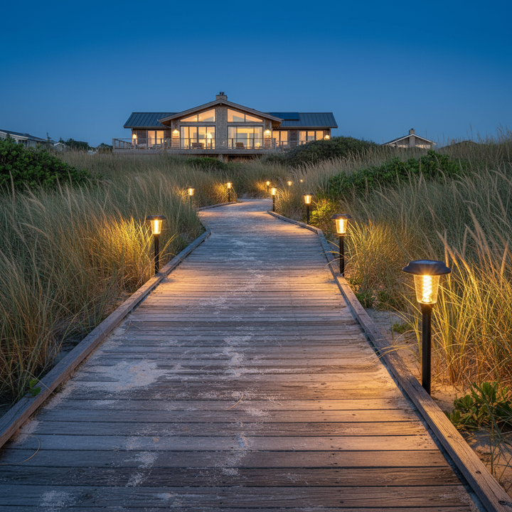 Solar lights on coastal boardwalk | NoxLumin