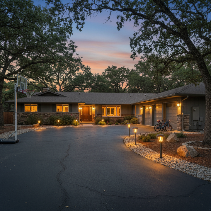 Solar lights on ranch home driveway | NoxLumin