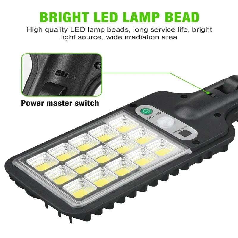 Outdoor solar motion sensor security light with multi-mode COB LED panel for yards, streets, patios and building entrances