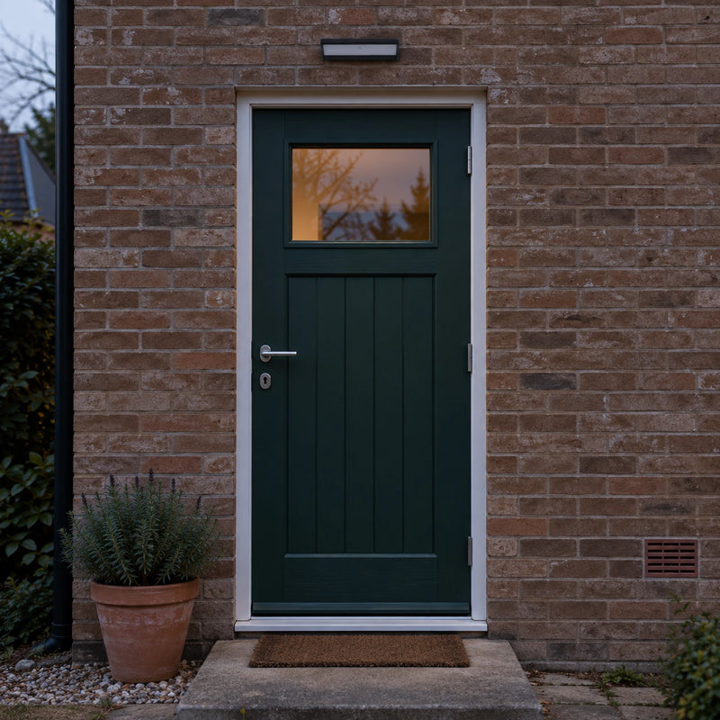 Solar motion sensor wall light installed above a residential front door at dusk