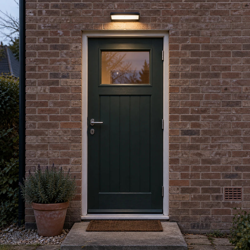 Solar motion sensor wall light illuminating a residential front door entrance at night