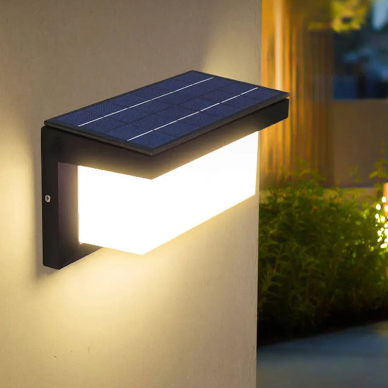 Compact solar motion sensor wall light with integrated solar panel, LED lighting surface and sensor for outdoor security use