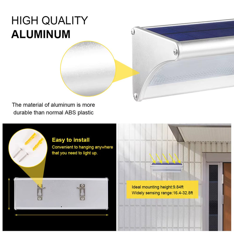 Solar motion sensor wall light shown with mounting components for exterior installation on walls near entrances and outdoor work areas