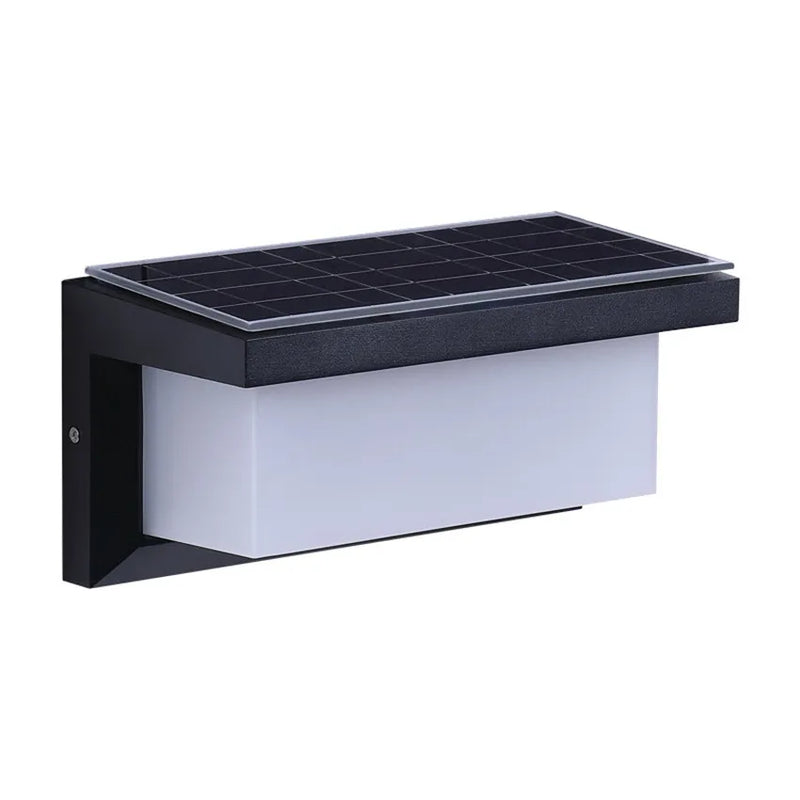Close product view of a solar motion sensor wall light showing the LED panel and integrated sensing area