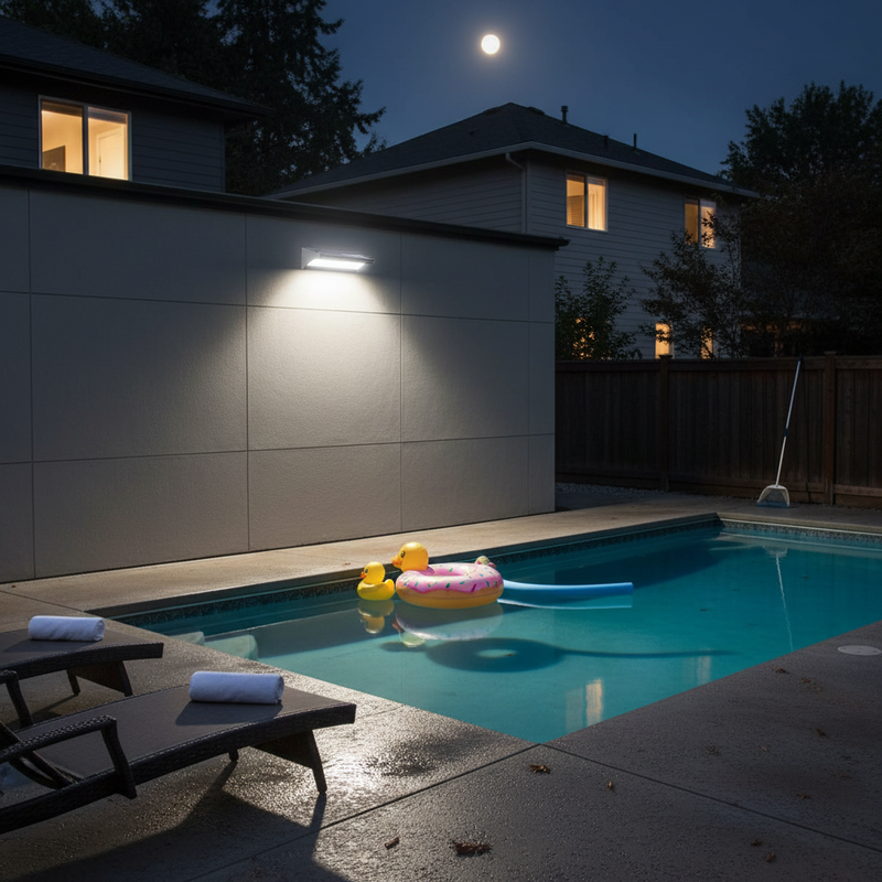 Solar motion sensor wall light illuminating a residential swimming pool and surrounding patio area at night