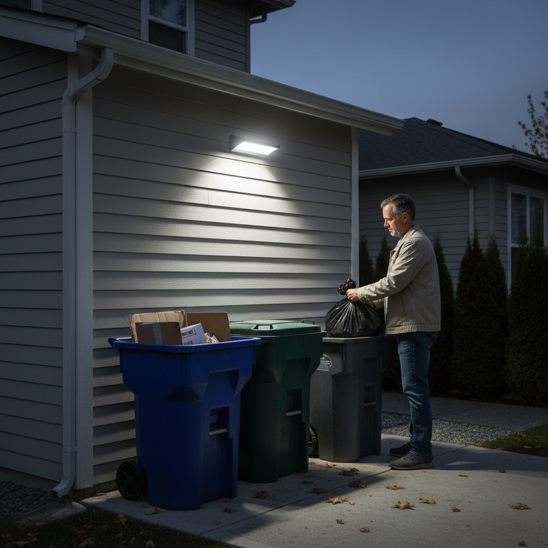 Solar motion sensor wall light illuminating an outdoor trash and recycling storage area beside a residence at night