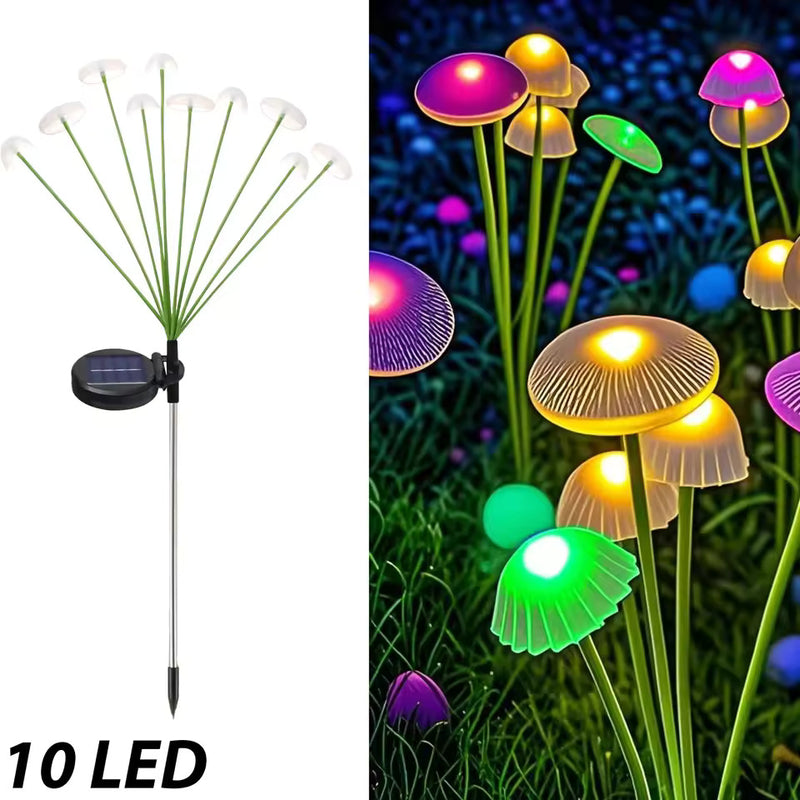 Ten-branch RGB solar mushroom garden stake light shown as one ground-stake fixture