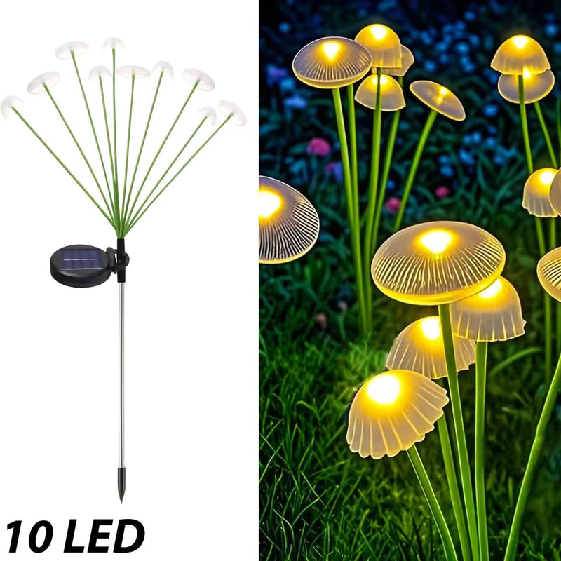 Ten-branch Warm White solar mushroom garden stake light with ten illuminated flexible branches