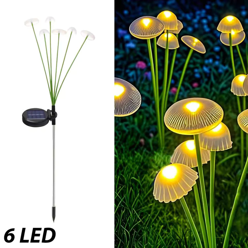 Six-branch Warm White solar mushroom garden stake light with six illuminated flexible branches