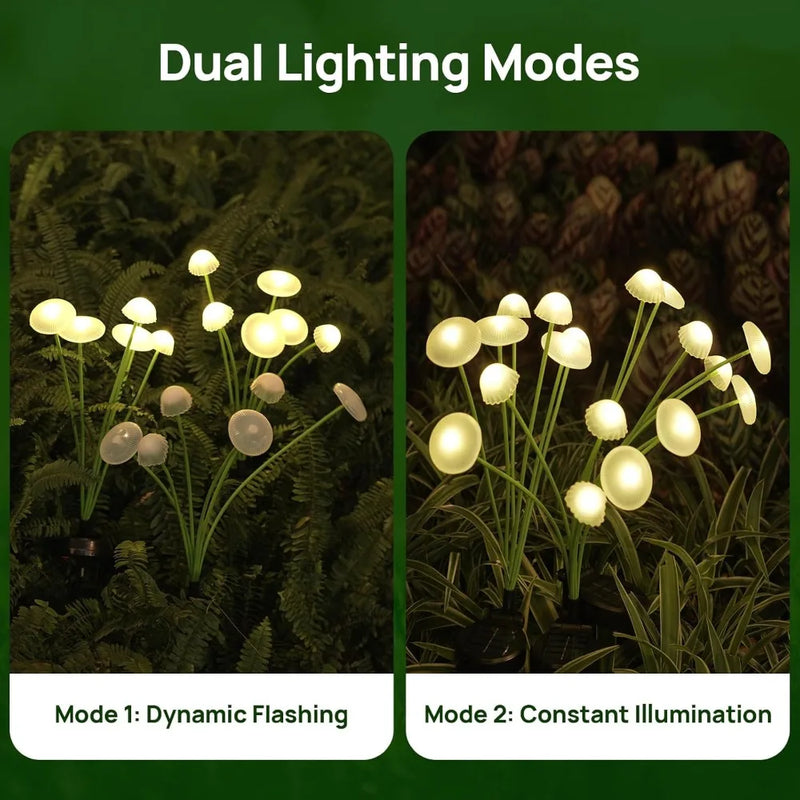 Solar mushroom garden light graphic comparing Warm White and RGB Color Changing options