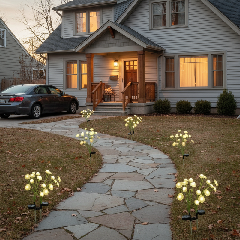 Solar mushroom garden lights arranged at varied heights across a residential front yard at night