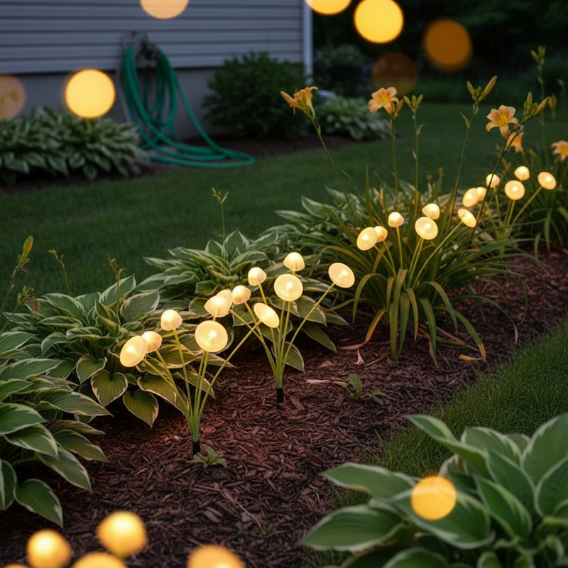 Solar mushroom stake lights glowing beside a flower bed and garden plants at night