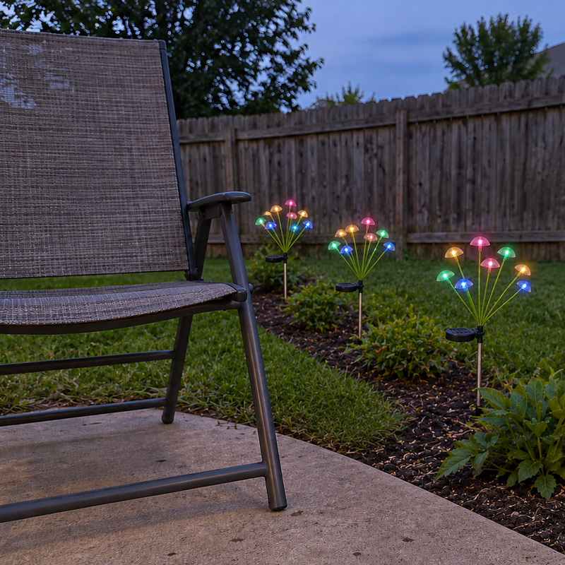 RGB solar mushroom stake lights in a curved garden border beside a patio chair at dusk.