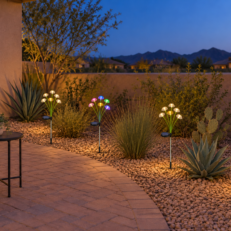Warm white and RGB solar mushroom stake lights in an Arizona-style desert courtyard with agaves at dusk.