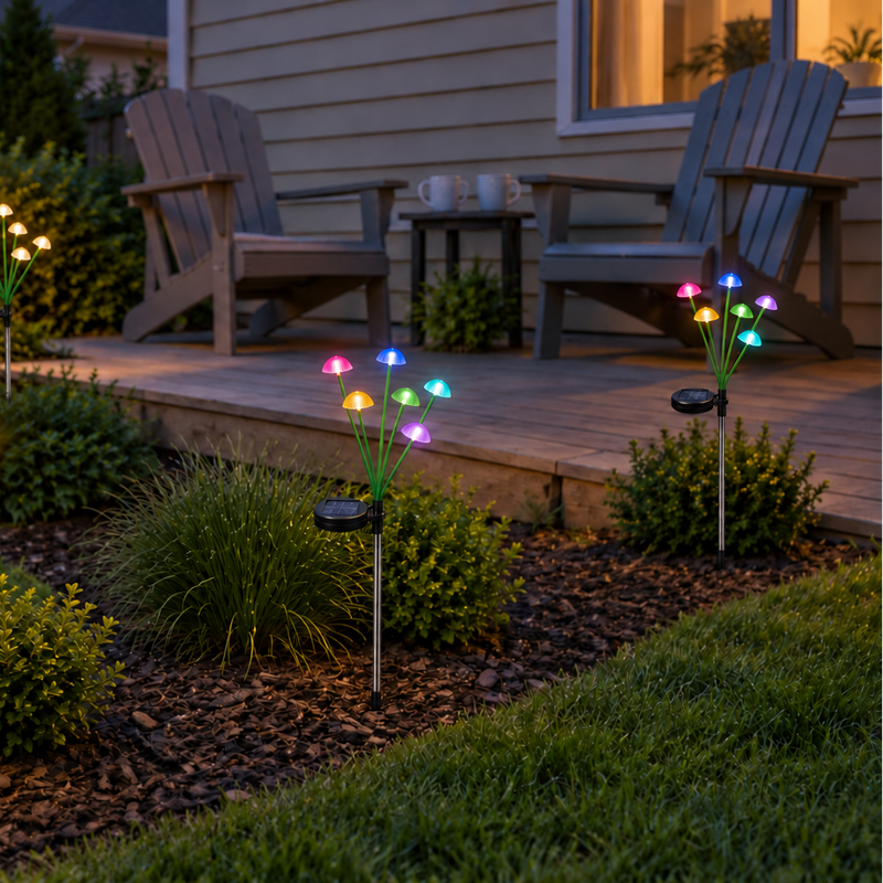 Warm white and RGB solar mushroom stake lights in a garden border beside a backyard wood deck with two Adirondack chairs.