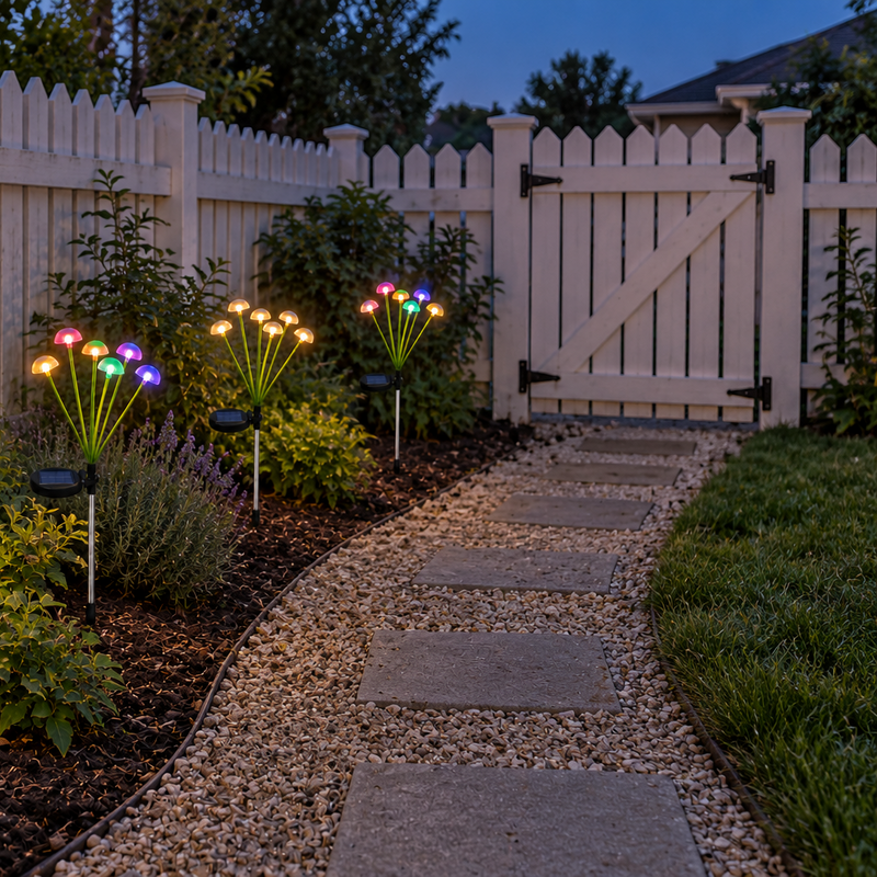 Warm white and RGB solar mushroom lights along a gravel path beside a white garden fence and gate.