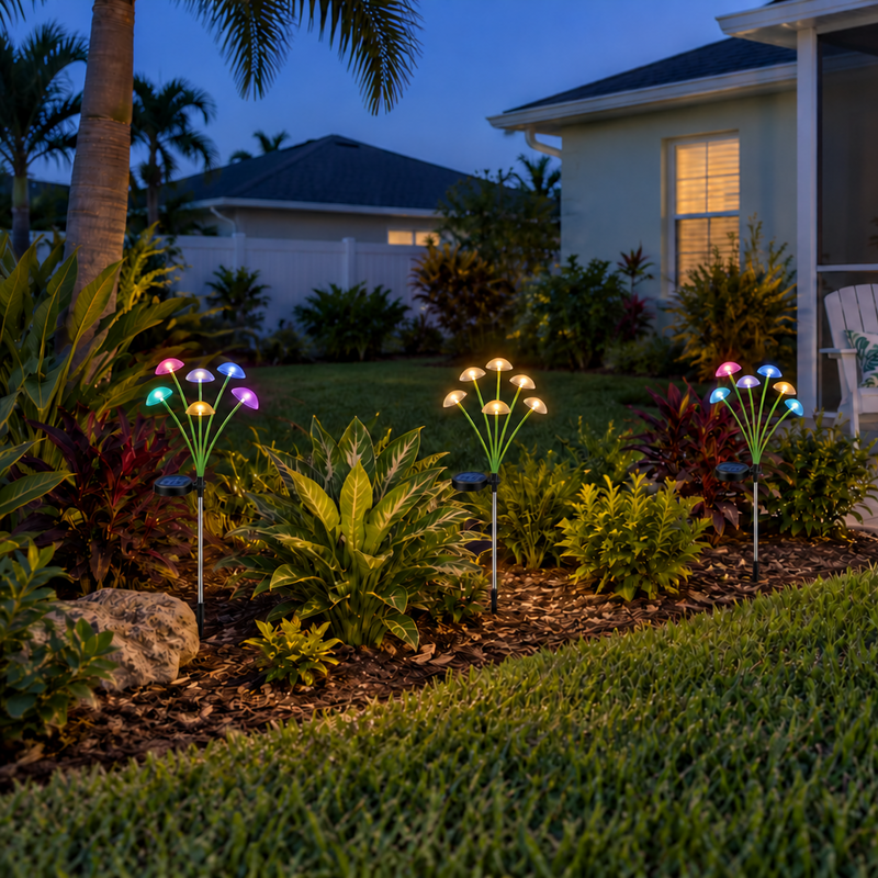 Warm white and RGB solar mushroom lights in a Florida-style backyard beside a screened patio at dusk.