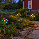 Warm white and RGB solar mushroom lights along a stone garden path beside a red New England-style barn at dusk.