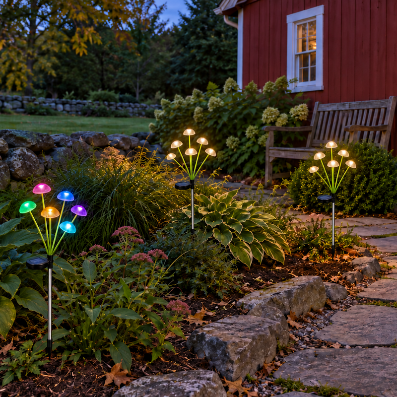 Warm white and RGB solar mushroom lights along a stone garden path beside a red New England-style barn at dusk.