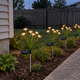 Warm white solar mushroom stake lights arranged beside a concrete garden path at dusk.