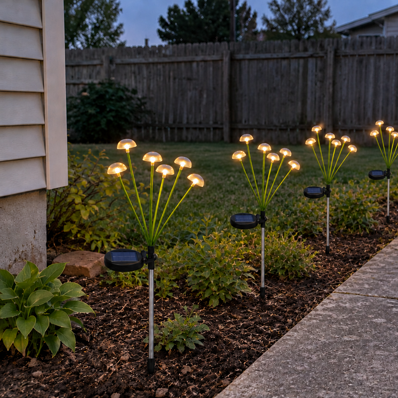 Warm white solar mushroom stake lights arranged beside a concrete garden path at dusk.