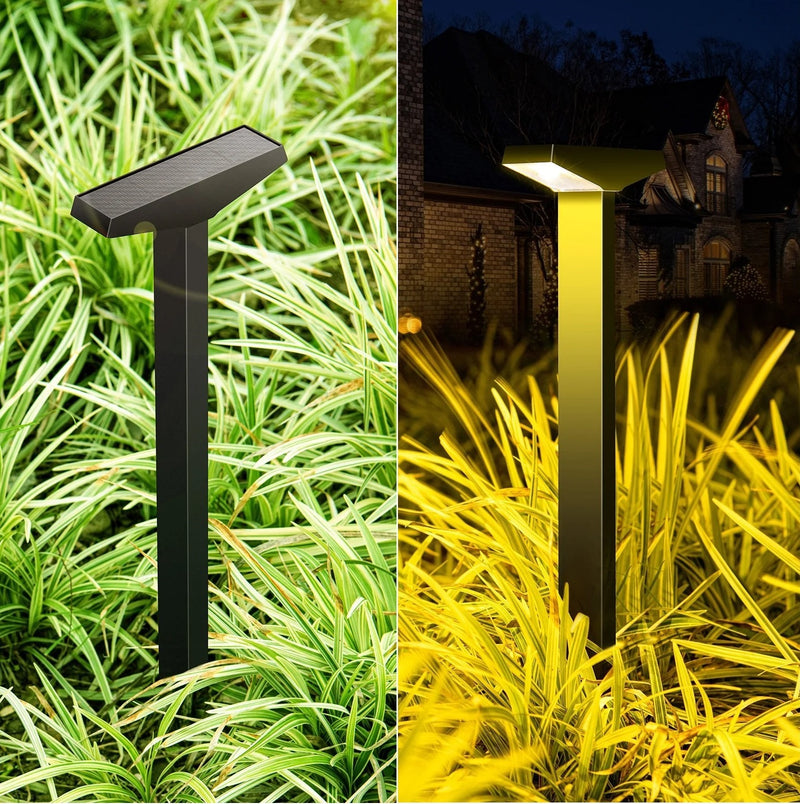 Close-up of a solar pathway light head showing the LED lighting area and top-mounted solar charging panel