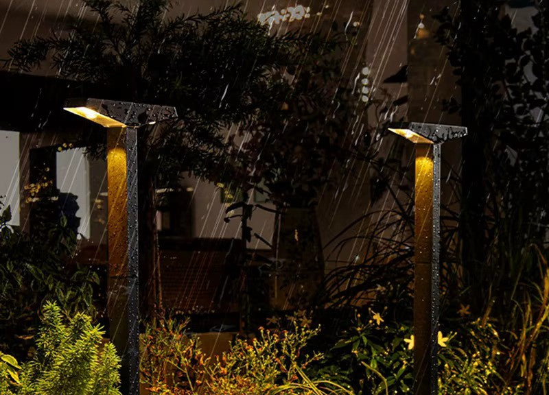 Solar pathway light configuration graphic showing adjustable-height placement for garden, lawn and walkway lighting