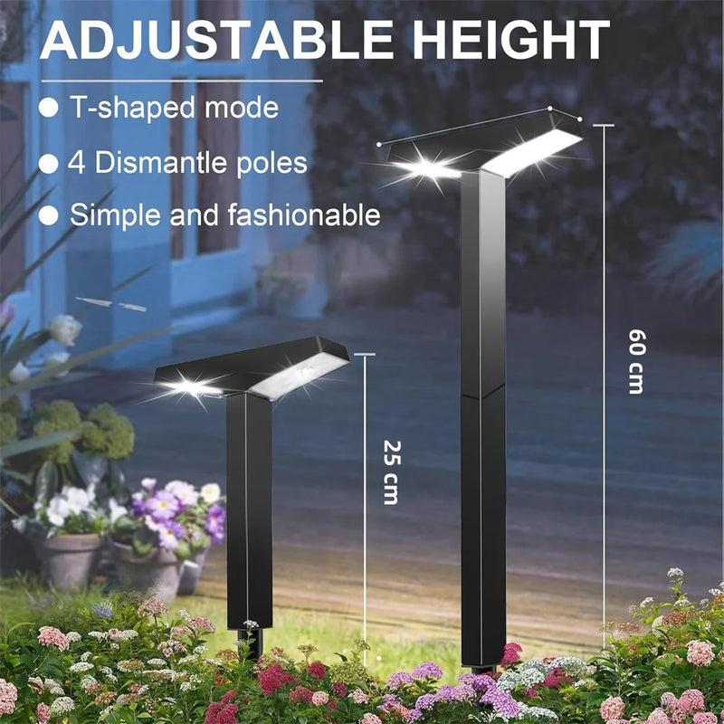 Solar pathway lights illuminating a landscaped garden path at night with soft downward pools of light