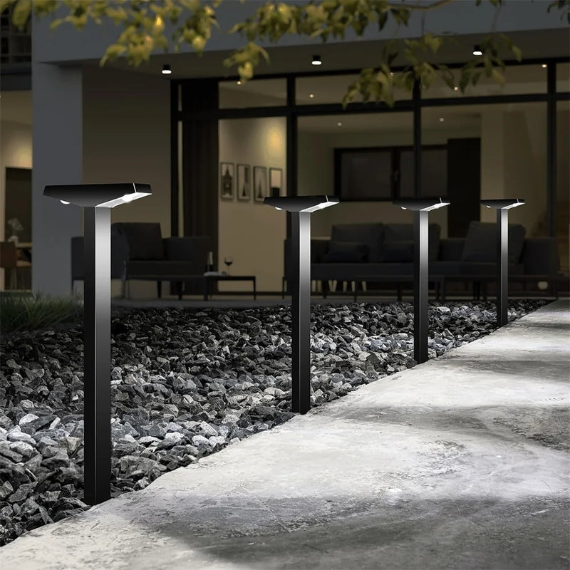 Solar pathway light feature graphic showing warm white and cool white lighting options for different landscape styles