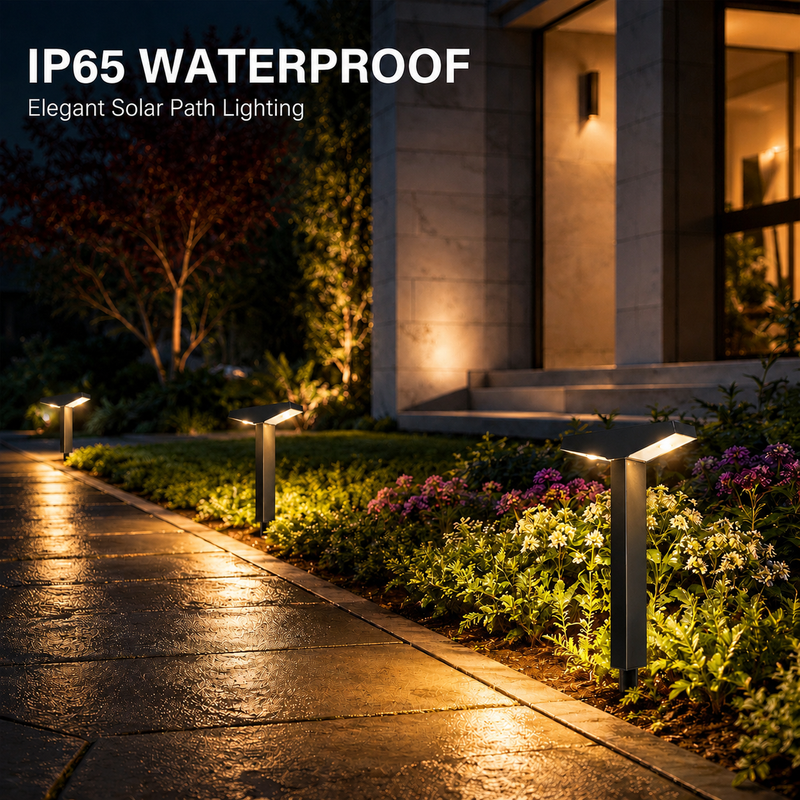 Solar pathway light shown illuminated with a warm downward glow for garden borders, lawns and residential walkways